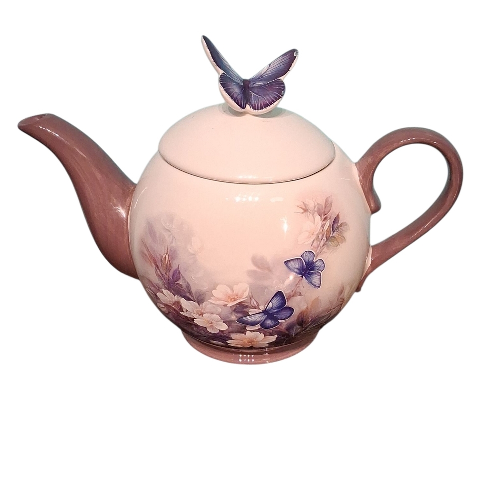 Decorative Butterfly Teapot - Lavender and White